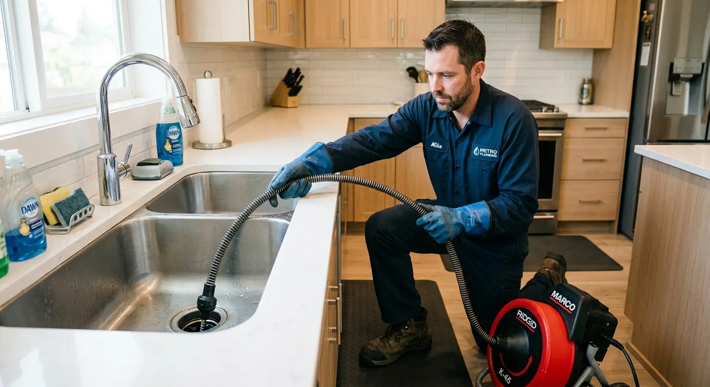 Drain cleaning technician using a motorized snake on a kitchen sink in Vernon