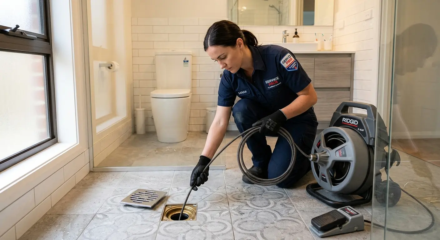 Technician clearing a bathroom floor drain for Drain Cleaning in Vernon